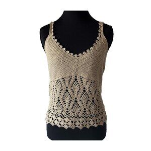 Y2K Express Hand knit Crochet Babydoll Top Small Beige Boho Coastal Festival VTG
